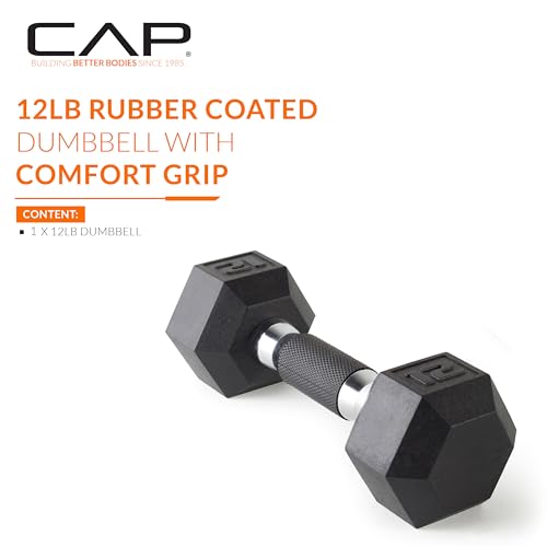 Image of CAP Rubber Coated Dumbbell Weights, Free Weights for Home Gym Strength Training, Anti-Roll Hex Dumbbells with Black, Chrome & Comfort Grip Handles, Singles