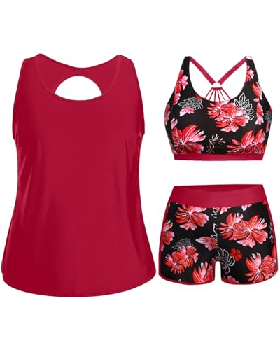 Image of Holipick Women Plus Size Swimsuits - Athletic 3 Piece Tankini with Shorts