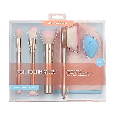 Real Techniques Endless Summer Makeup Brush Kit, Face Brushes, For Foundation, Powder, Highlight, Contour, Bronzer, Inlcudes Tanning Mitt, Premium Quality, 6 Piece Set