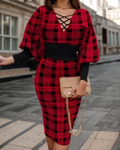 Women’s Geometric Pattern Lace Up V Neck Lantern Sleeves Dress Elegant Business Casual Bodycon Pencil Dresses2