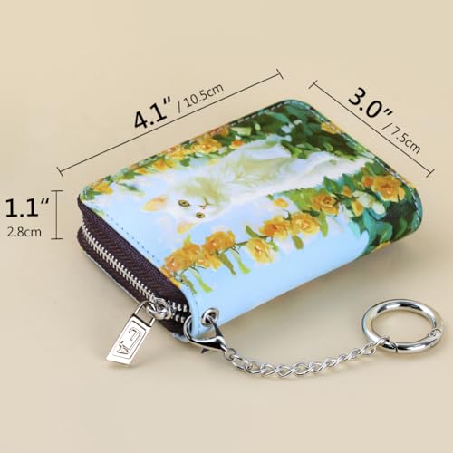 Image of FurArt Zipper Wallet Women, RFID Blocking Credit Card Wallet, Business Card Holder, Compact Size KeyChain Wallet, Roses and Cat, small