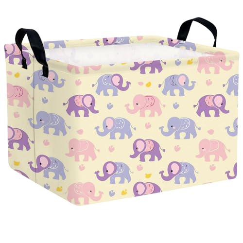 Image of Kid Cute Rectangle Storage Basket Baby Toy Clothes Storage Bin Nursery Playroom Bedroom Decor Basket (Pink&Purple Elephant)