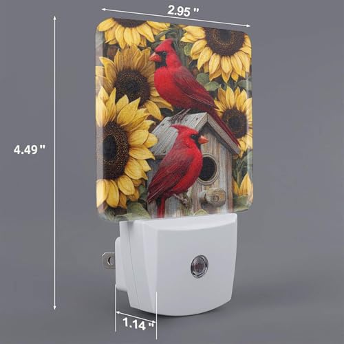 Image of Sunflowers Red Birds Night Light Set of 2, Auto Sensor LED Dusk-to-Dawn Nightlights, Plug-in Sensor Lamp for Bedroom Bathroom Kitchen Hallway Stairs Decorative