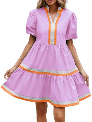 Image of LifeShe Womens Puff Sleeve Babydoll Dress V Neck Navy Blue Striped Color Block Tiered Mini Dresses