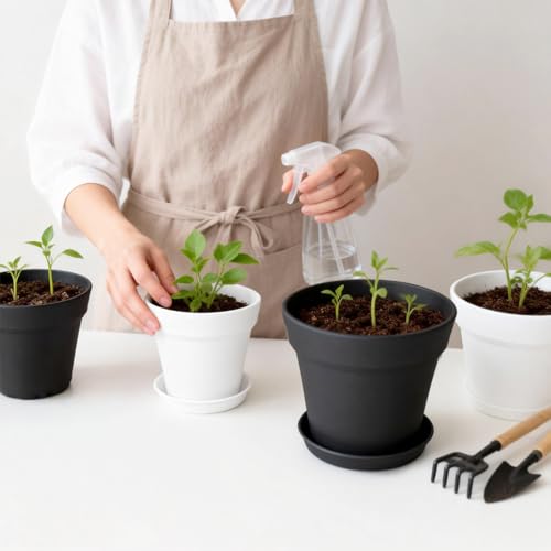 KINGLAKE 15cm Blumentöpfe mit Untersetzer - 6 Stück Pflanztöpfe Klein, übertopf Pflanztopf, Blumentopf Kunststoff Set, Topf Kleine Flower Pot für Pflanzen Kakteen Kräuter-Schwarz