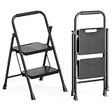Urackify 2 Step Ladder, Portable Folding Ladder for Multi-Purpose, Home, Kitchen, Heavy Sturdy Steel Step Stool with Handrail, Anti-Slip Wide Pedals, Safe-Lock Design, Pass 500lbs Load Testing, Black