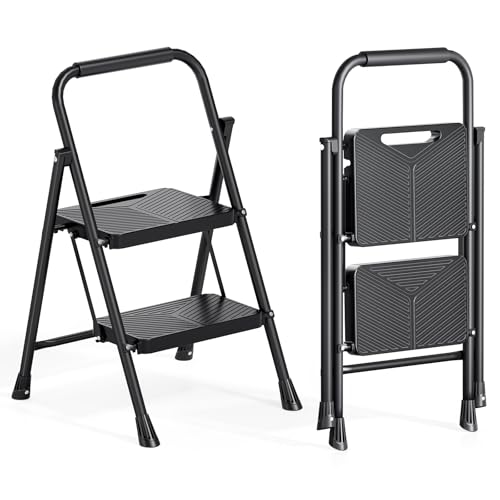 Urackify 2 Step Ladder Folding Ladder for Multi-Purpose Home Kitchen Heavy Sturdy Steel Portable Step Stool with Handrail Safe-Lock Design Anti-Slip Wide Pedals Pass 500lbs Load Testing Black