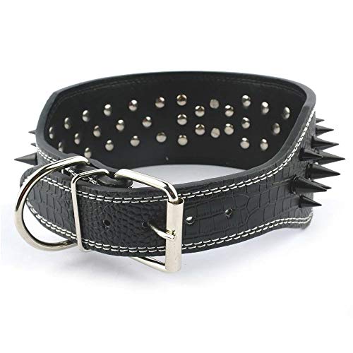 Berry Pet 3 Inch Width Black Sharp Spiked Studded Leather Dog Collar For Training,Sports,Walking,Travel,Dog Show,Heavy Duty,Medium Dogs,Pitbull,Labrador,Boxer,Neck For 21-24" #TOP1