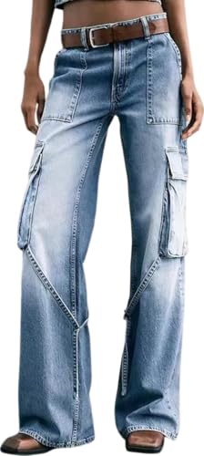 Women's Distressed Cargo Jeans with Multiple Pockets Denim Pants(Belt Not Include)