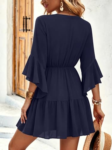 Image of Womens Spring Summer Mini Dress Western Ruffled Sleeve Chiffon V Neck Flowy A Line Short Wedding Guest Party Dresses