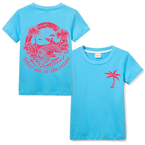 Image of Xpialong Pink Cotton Girls Palm T-Shirt Children Boys Top for 3-13 Years Kids Casual Tee (UK, Age, 12 Years, 13 Years, Regular, Light Blue)