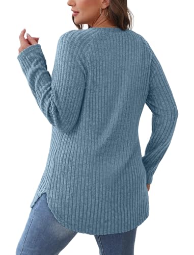 Image of Saloogoe Long Sleeve Shirts for Women 2025 Fall Clothes Tunic Tops Loose Fit Dressy Crewneck Pullover Sweaters Curved Hem