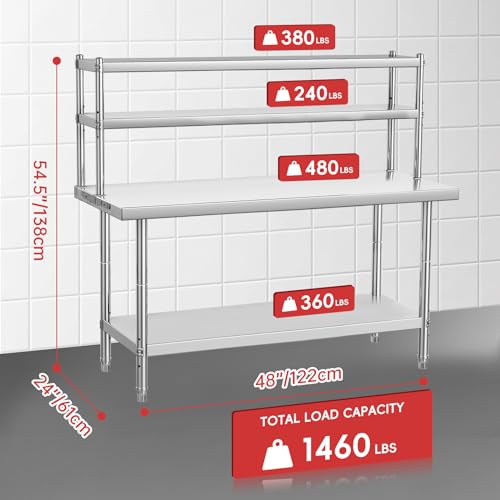 Stainless Steel Table with Overshelves, 48" X 24" Commercial Work Tables with 30" X 12" Shelf, Metal Kitchen Prep Table_ Shelving Combo