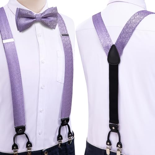 Image of Dubulle Suspender and Bow Tie for Men Paisley Solid Mens Suit Braces Pretied Bowtie and Handkerchief Cufflinks Formal Wedding