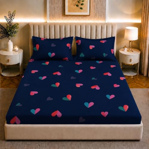 Image of Castiqa Elastic Fitted Supersoft Premium Polycotton 200TC King Size Bedsheet with 2 Pillow Covers (Fits Upto Mattress of 8 Inches) (Blue Multi Heart, Full 72x78x8 Inch)