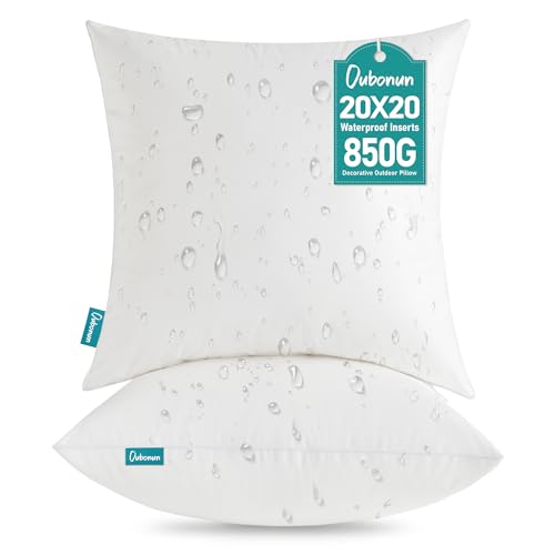 Oubonun 20x20 Outdoor Pillow Inserts (Pack of 2) - Square Waterproof Throw Pillow - Decorative Throw Pillows Insert for Couch Sofa Bed Patio Furniture - White Pillows