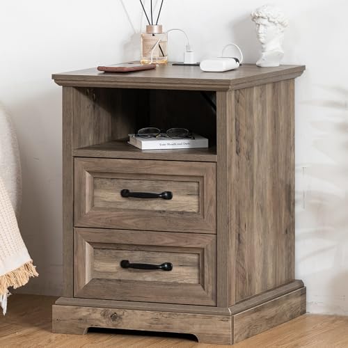 HOMMPA Farmhouse Nightstand w/Charging Station, Open Shelf 23.6''H Greige - image 1