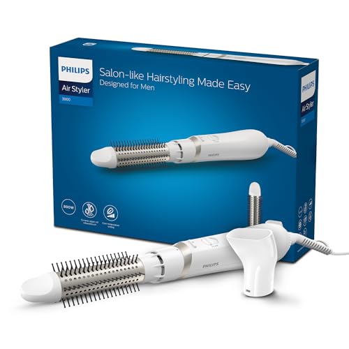 PHILIPS Men’S Air Styler For Salon-Like Hairstyling, 800 Watts With Care Setting, 3 Flexible Cool And Heat Settings, 30mm Retractable Argan-Oil Coated Brush And Concentrator BHA301/10, White