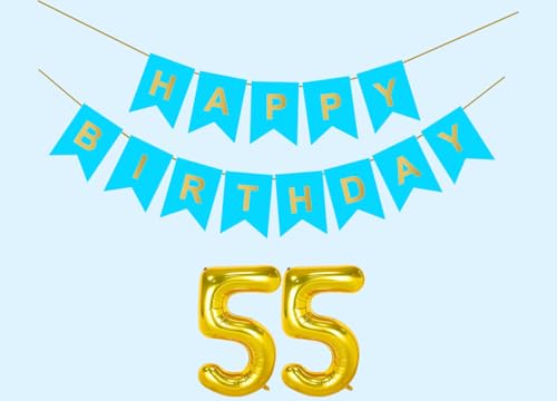 Image of 55th Sky Blue Happy Birthday Decoration Kit for 55 year Old Men Women with Number Fifty-five Party Decorations Decor Celebration Items Item Set Combo Reusable Paper Banner
