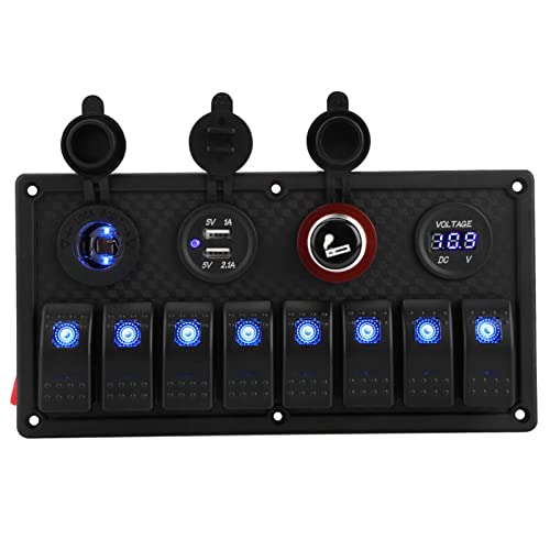 8 Gang DualVoltage LED Switch Control Panel with Dual USB Ports and Voltmeter for Cars and Boats