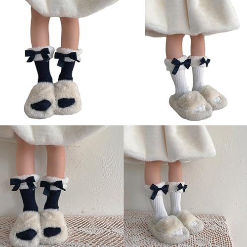 Breathable Cotton Hosiery Socks For Girls Toddler Stretchy Knee High Lamb Fleece Edge Bow For Autumn Spring Winter Warm Socks2