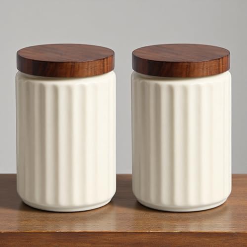 Image of Airtight Ceramic Jars (Pack of 2) - 1000ml Each - Wooden Lid - Kitchen Containers for Sugar, Tea, Salt, Pickles, Pulses & More (White)