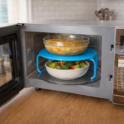 Image of Questsole Stackable Microwave Shelf, Blue, Food Grade Plastic, Space Saving Kitchen Organiser, Refrigerator Storage Rack (2, Blue)