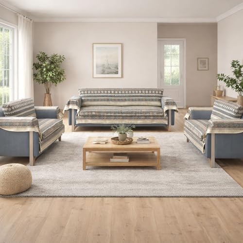 Image of Elegant Woven Grey Sofa Cover - Soft Chenille Traditional Pattern with Lace Style | L-Shape Sectional Seat Protector for Living Room | Durable & Stylish Slipcover 7 Seater with Arms