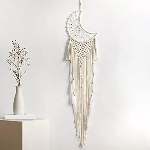 Weldomcor Dream Catcher Moon Macrame Dreamcatcher Feather Traditional Bohemian Handmade Hanging Wall Decor Wooden Beads with Tassels for Kid Bedroom Gifts Home Decoration Cover