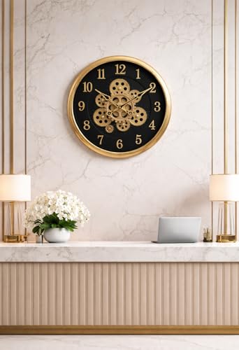 Image of Analog Moving Gear Wall Clock, Plastic Body, Rotating Gears, Battery Operated (Copper Black, Width: 40 Cm) 16 x16inch Diameter (Golden)
