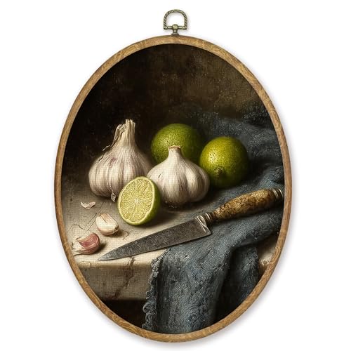 CGBHW Vintage Lemon Garlic Kitchen Oval Wall Art Decor, Rustic Moody Canvas Prints Framed, Dark Academia Farmhouse Wall Art Hanging Decor for Kitchen Dining Room Home Bedroom, 8.6x11.4 Inch