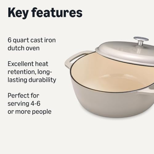 Amazon Basics Cast Iron Dutch Oven Pot with Lid, Enameled, Dual Handles, Round, Heavy-Duty, Medium, 6-Quart, Linen Gray - Image 3