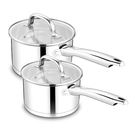 TeamFar Saucepan with Lid, 1QT & 2QT Stainless Steel Sauce Milk Pan with Tri-ply Bottom for Induction/Gas/Electric/Ceramic, Healthy & Heavy Duty, Mirror Finish & Straight Side, Dishwasher Safe