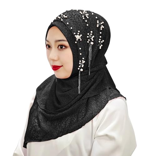 Women Pearl Tassel Hijab Islamic Malay Muslim Hijab Polyester Solid Color Headscarf One-piece Muslim Arab Head Scarf