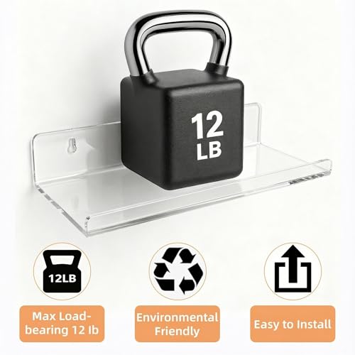 Image of Clear Acrylic Floating Shelves, No Drill Wall Shelves, 2 Pack | Clear Acrylic Design; 2 Pack Wall Shelves; Adhesive or Screw Mount; No Drill Option; 12 lb Max Load