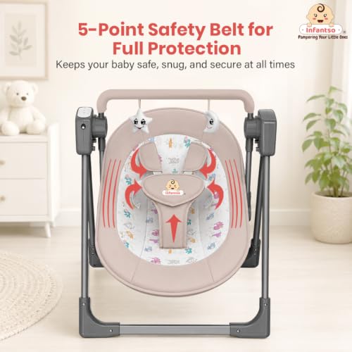 Image of Infantso Automatic Baby Swing with 5 Point Safety Harness, Adjustable Swing for Baby 0-2 Years with Bluetooth & Remote Control, 5-Speeds, Mosquito Net, Soothing Music, Free Cushion