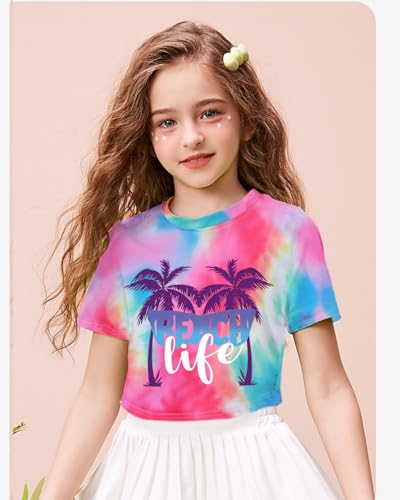 Image of DDSOL Girls Crop Tops Summer Palm Tree Sunset Beach Shirt Hawaii Short Sleeve Tropical Tshirts for Teen Girl 6-14 Years
