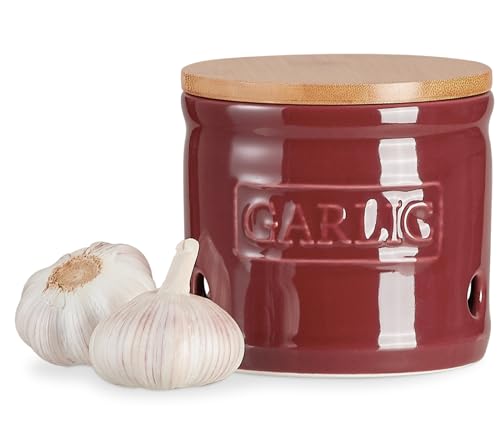 ONEMORE Garlic Keeper with Lid, Ceramic Garlic Saver 4 inch, Dark Red