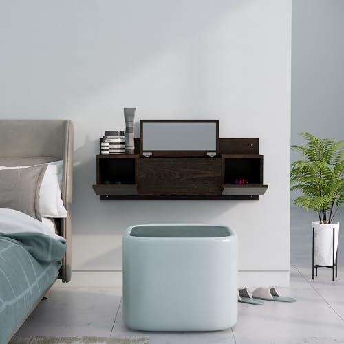 Image of Bniture Engineered Wood Wall Mount Dressing Table with 2 Door, Mirror and Huge Storage Space | Wall Mount Vanity (Flower Wenge, HXDR109)