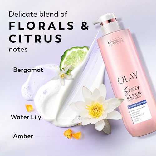 Image of Olay Super Serum Body Wash for Rough & Bumpy Skin, 24hr Long Lasting Rich Hydration, 5+ Ingredient Complex for Bright, Even, Firm, & Luminous Skin, with Collagen Peptide, BHA /AHA & Vitamin C, 20 fl oz