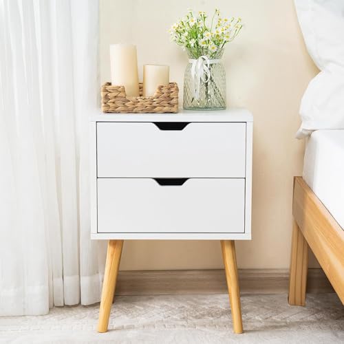 Image of VASIL MART Bedside Tables, Wooden Nightstands with Solid Wood Legs & 2 Drawers, End Tables Storage Units for Living Room /Bedroom,etc .(White)