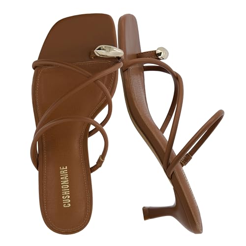CUSHIONAIRE Maui Strappy Womens Sandals with Kitten Heels – Vegan Leather Slip On Dress Sandals for Women 2025, Square Toe Wedding Shoes, COGNAC 8