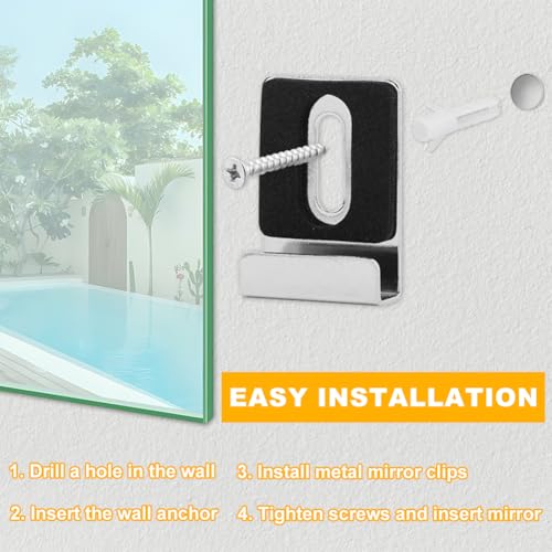 Image of 8PCS Mirror Hanging Kit, Metal Mirror Mounting Hardware, Mirror Clips with Screws Rubber Pads Mirror Hooks Heavy Mirror Hanging Kit, for Wall Mounting Frameless Mirror Billboard