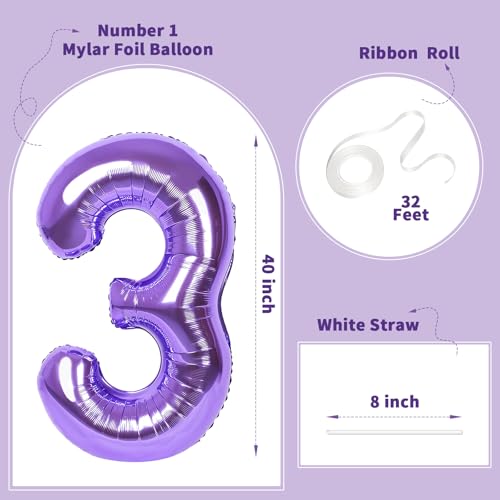 Image of Number Balloons for Birthday Decorations - 40 Inch Large Party Balloons 3, Purple Foil Number Balloons for Boys Girls, Balloons for Party Supplies