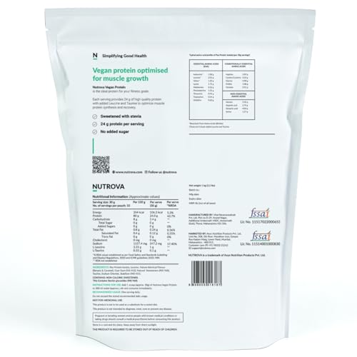 Image of Nutrova Vegan Protein Isolate Mango 1Kg (Pack of 1) with 24g Protein per Scoop for Muscle Building | Gluten & Sugar Free Ideal Plant Protein sweetened with Stevia, 80% Protein with Taurine & Leucine