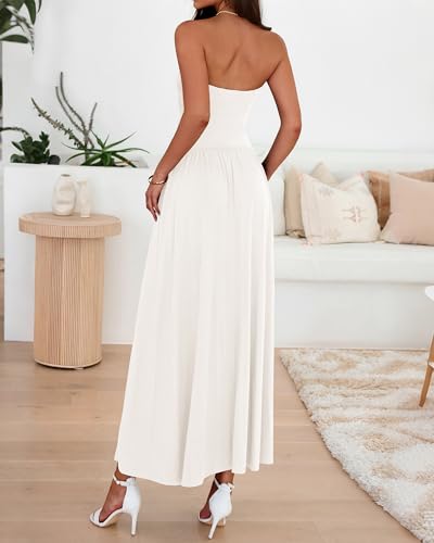 BTFBM Summer Maxi Dresses for Women 2025 Strapless Ruched Tube Top Flowy Beach Vacation Wedding Guest Fall Dress Pockets3
