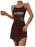 SOLY HUX Women's Nightgown Gothic Striped Letter Graphic Cami Slip Dress Spaghetti Strap Nightdress Burgundy Striped Medium