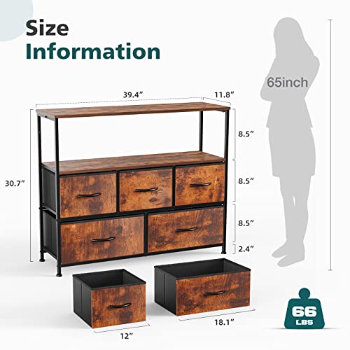 Image of NEWBULIG Dresser,Dresser with 5 Fabric Drawers,Chest of Drawers,Storage Tower, TV Stand Organizer Storage for Bedroom Living Room Hallway, Easy Pull Fabric Bins,Wooden Top, Sturdy Steel Frame,Rust