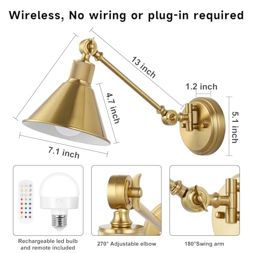 Image of TRLIFE Rechargeable Battery Operated Wall Sconces, Dimmable and Adjustable Color Temperature Wireless Wall Sconces Set of 2 with Remote Control, Gold Swing Arm Wall Light for Bedroom Bedside Hallway