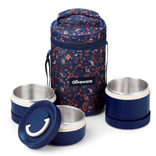 Image of oliveware Rusty Lunch Box | 2x420ml + 1x600ml Stainless Steel Containers | Leak-Proof, Insulated, BPA-Free, Microwave-Safe | with Premium Carry Bag | Ideal for Office, School & Travel (Blue)